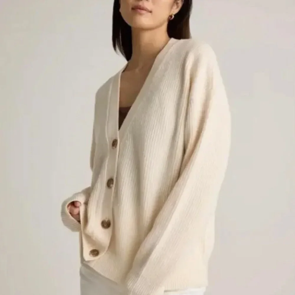 Quince Mongolian Cashmere Fisherman Boxy Cropped Cardigan Sweater Womens Ivory S - Picture 1 of 7